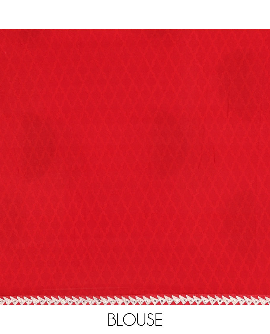 Red Georgette Saree Colorfully Printed with Leheriya-Style Stripes, Subtly Temple Motifs Sequin Embroidered Piping Border, and Paired with a Matching Diamond-Patterns Printed Blouse