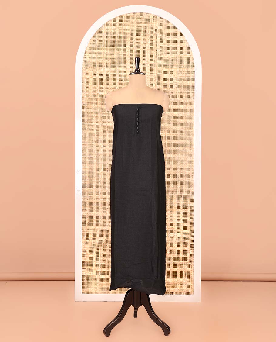 Black Material Chudidar Set, Subtly Woven with Pom-Pom Potli Neck Vichitra Silk Top, a Plain Santoon Bottom, Paired with Crushed Georgette Dupatta of Ajrakh Print and Mirror Work
