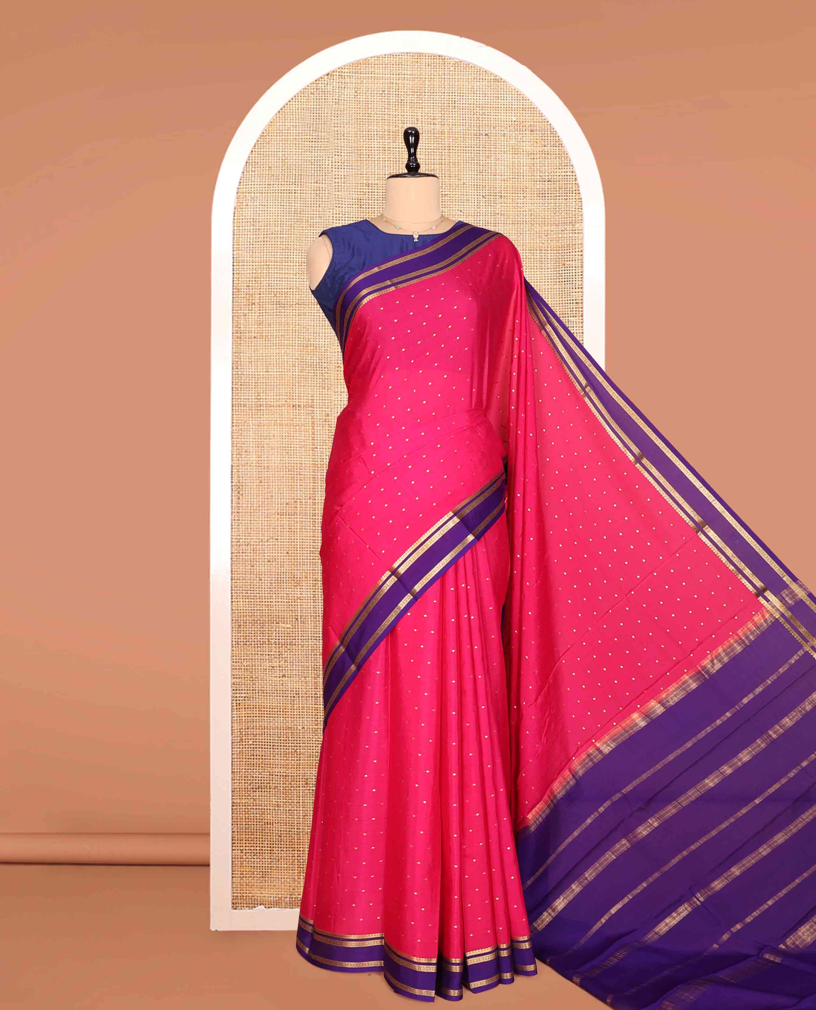 Pink Mysore Silk Saree, Crafted with Zari Buttas, a Contrast Traditional Zari Border, Zari Striped Pallu, and a Contrast Blouse