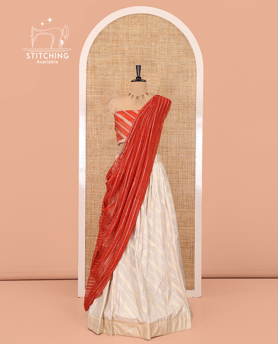 Cream-Rust Semi-Banarasi Half-Saree Features Leheriya Striped Skirt, Contrast Leheriya Striped Blouse, Georgette Striped Dhavani