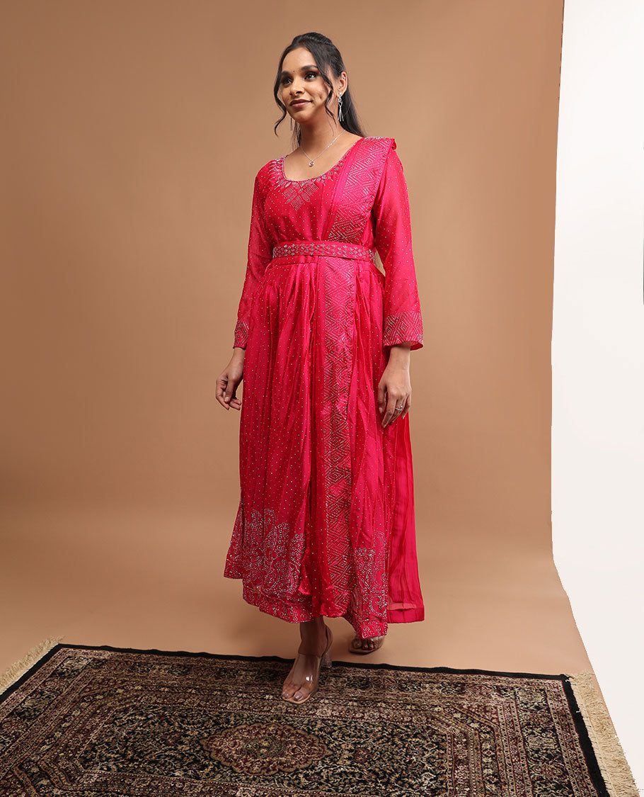 Red floral embroidery round neck, sleeveless , floor lenght with embroidered dupatta & embroidered belt