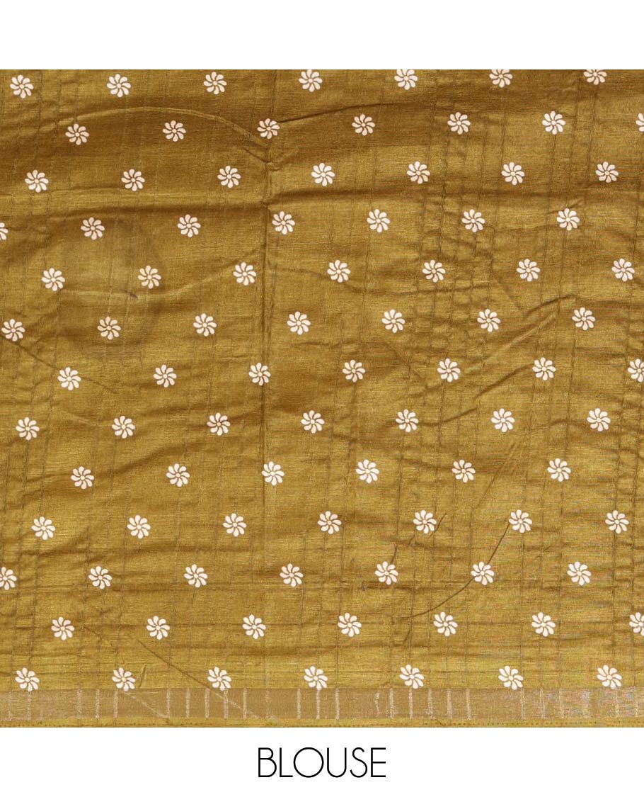 Olive green batik-style floral butta printed Malgudi silk saree, batik floral design printed piping zari border & floral printed pallu
