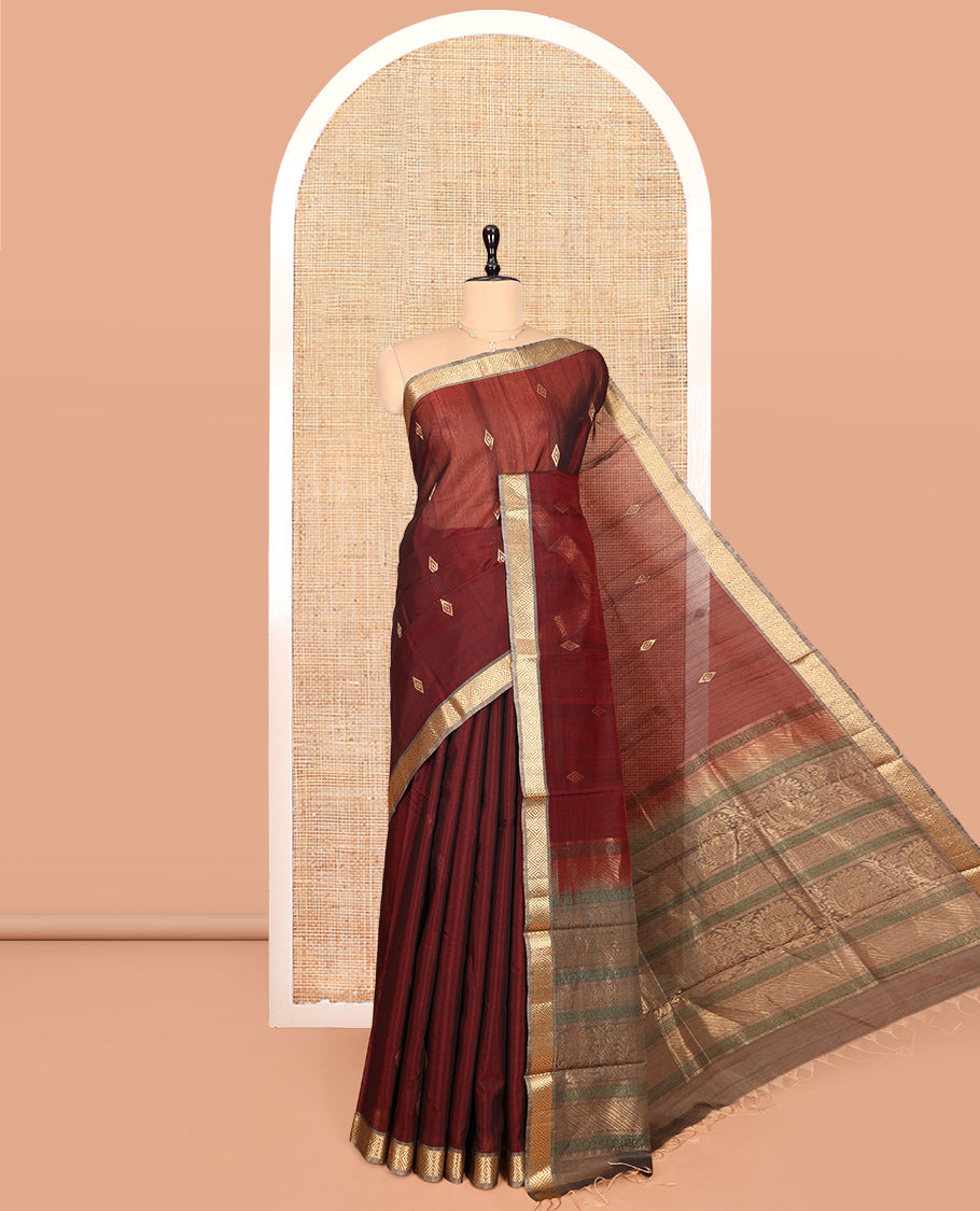 Maroon Silk Cotton Saree, Delicately Woven with Diamond Buttas, Contrast Diamond Zari Border, Pallu of Peacock-Paisley Designs, and a Contrast Blouse