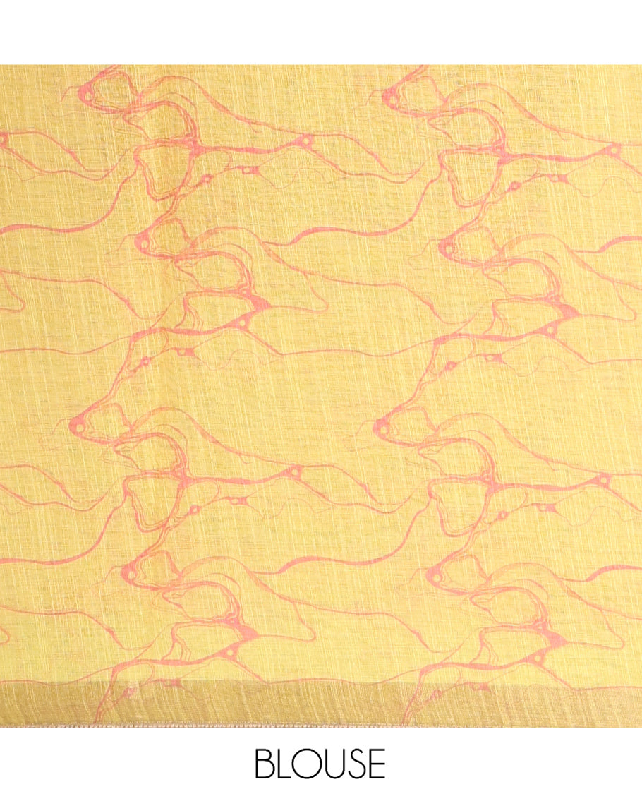 Pink Abstract Floral Printed Linen Cotton Saree, a Contrast Plain Border, and a Contrast Blouse
