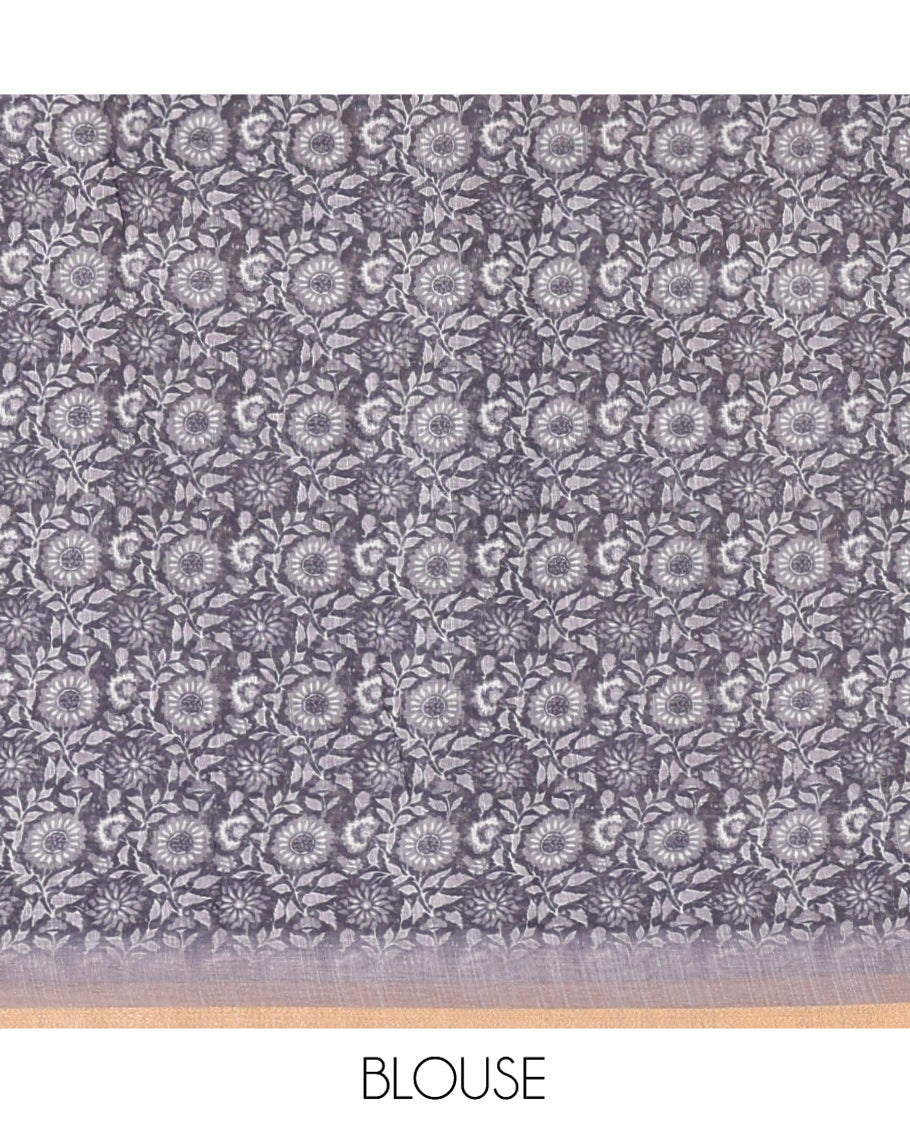 Grey Linen Cotton Saree, Mesmerized with Floral Motifs Printed on Its Body, Subtle Piping Border, Complemented by a Contrast Floral Printed Blouse, and Paired with a Contrast Blouse