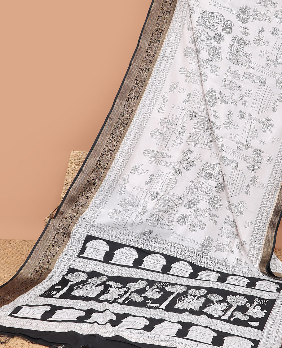 White and black all over madhubani printed dola silk saree with contrat gold zari jacquard design & printed pallu along with small buuta blouse