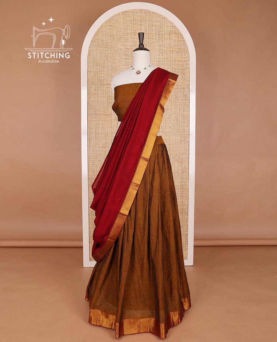 Brown mercerised cotton daman zari border half saree with cotton blouse & georgette one side zari border