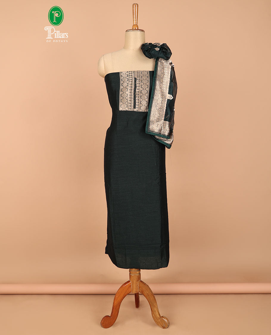 Bottle green chudidhar matrial vichitra silk neck zari border with bum bum work , santoon material pants & organza banarasi zari border, zari buttas dupatta
