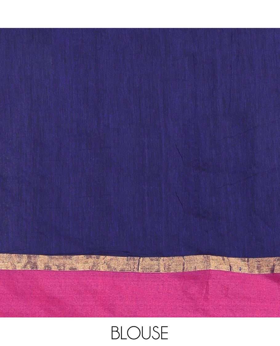 Blue Plain Khadi Mul Cotton Saree, Complemented by Contrast Zari Striped Border, Plain Pallu, and Paired with a Matching Blouse