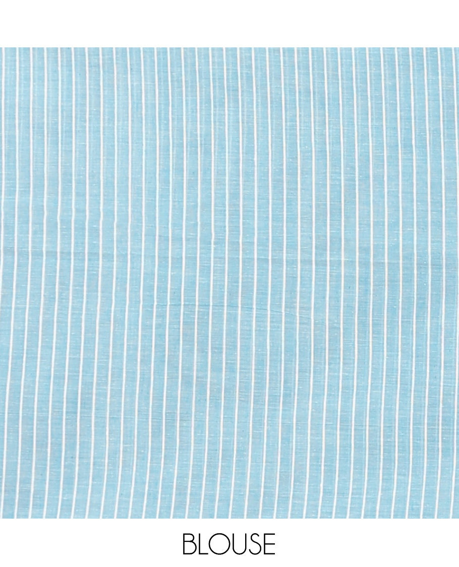 Borderless Blue-Grey Jute Cotton Saree, Steeped with Tropical Floral Print, a Subtly Striped Pallu, and a Contrast Blouse