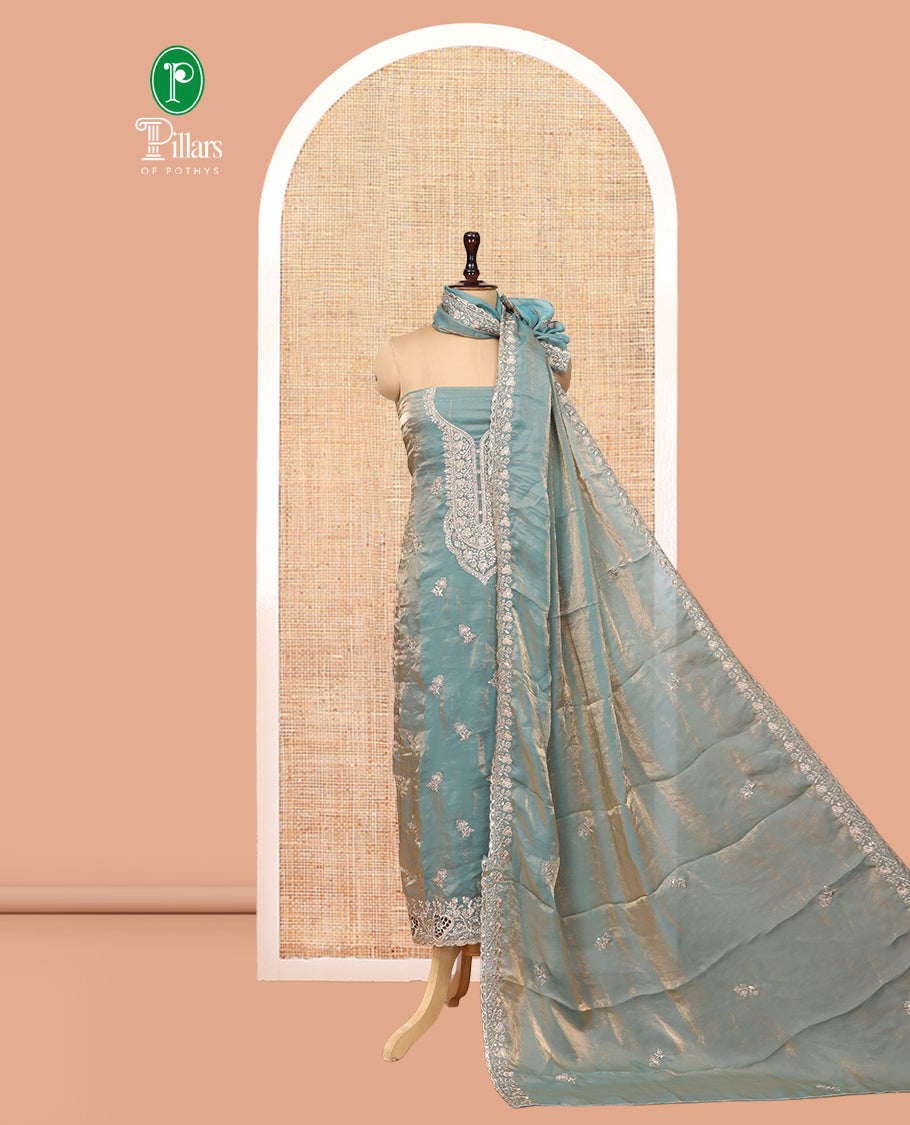 Steel Blue Fendy Organza Material Chudidar Set, Adorned with Neck Embroidered Top, a Santoon Bottom, and a Embroidered Dupatta