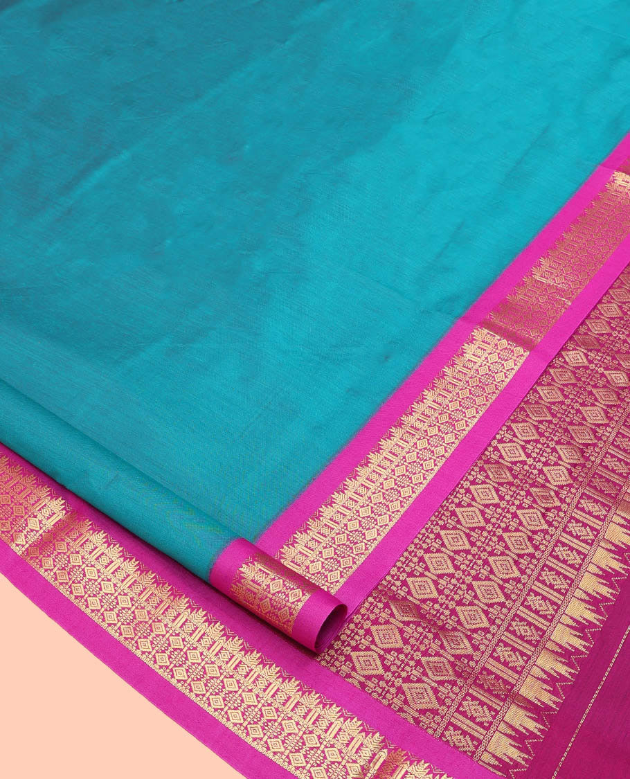 Peacock Blue Plain Nine Yard Cotton Saree, Complemented by Contrast Traditional Zari Design Border, Pallu of Traditional Designs, and Comes Without a Blouse