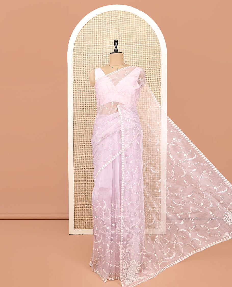 Baby Pink Designer Saree, Mesmerized with Floral Vine Embroidery, Scallop Border, and Matching Embroidered Blouse