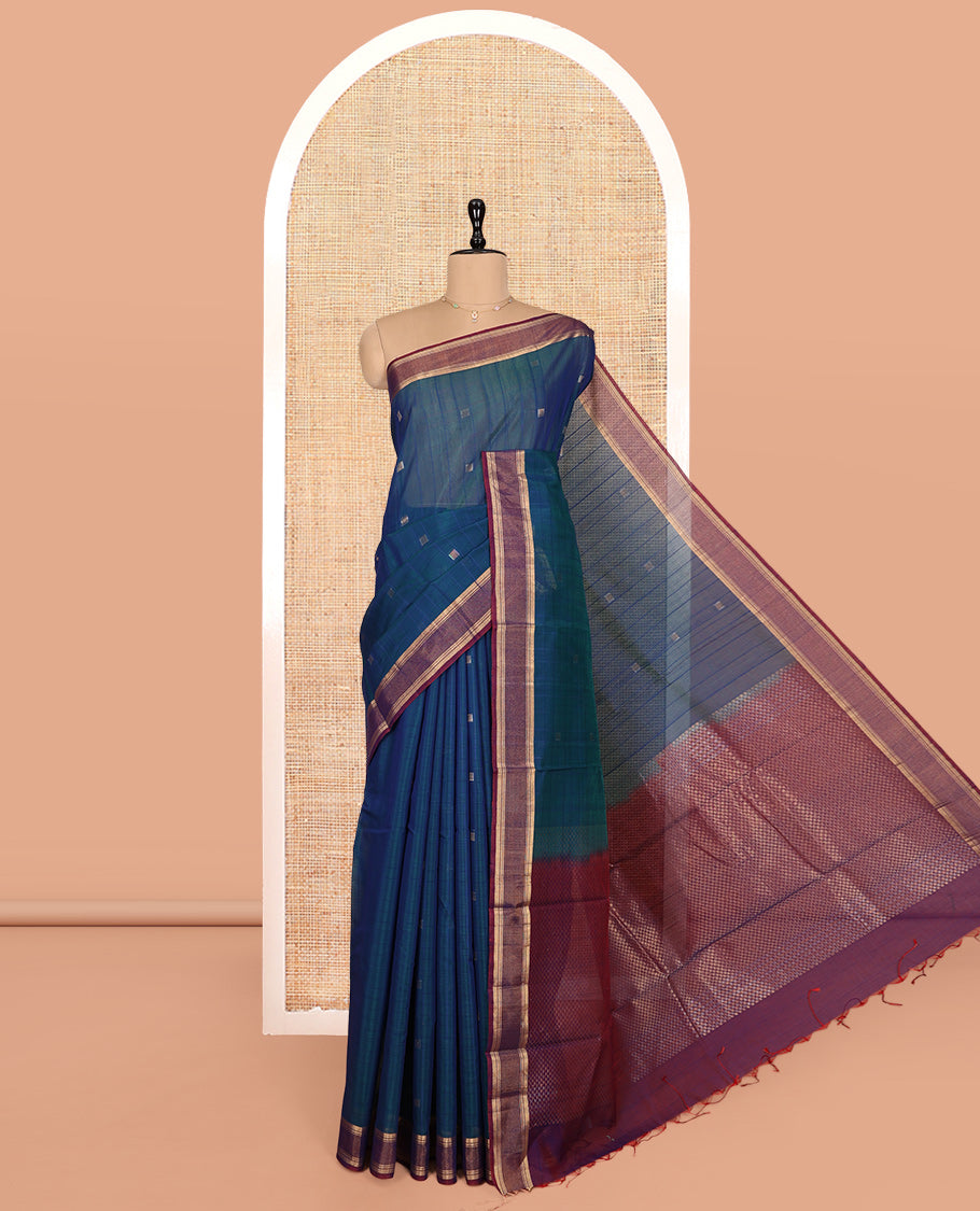 Blue Silk Cotton Saree, Decked Up with Zari Buttas, Complemented by a Contrast Zari Border, Intricate Pallu, and a Contrast Blouse
