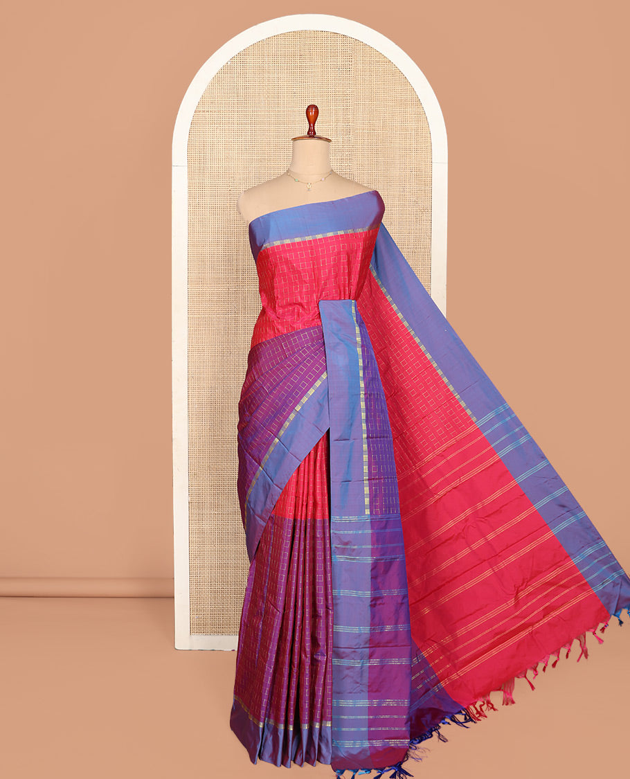 Violet and Pink Aarani Silk Saree, Graced with a Zari Checked Design on Its Body, Complemented by a Contrast Border, Pallu of Zari Stripes, and Paired with a Contrast Blouse