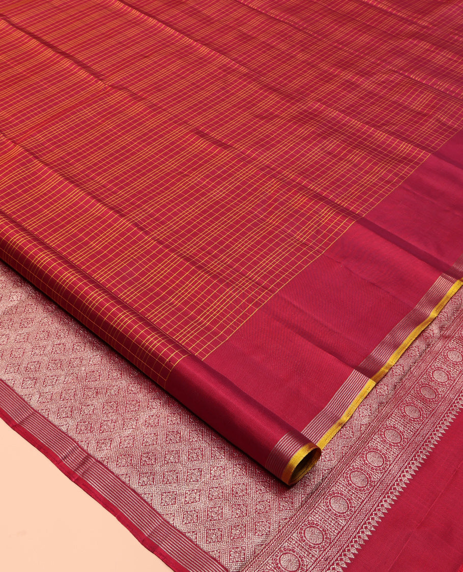 Red Checked Kanchipuram Silk Saree, a Zari-Intricately Designed Border, Grand Jaal Pallu, and a Matching Blouse