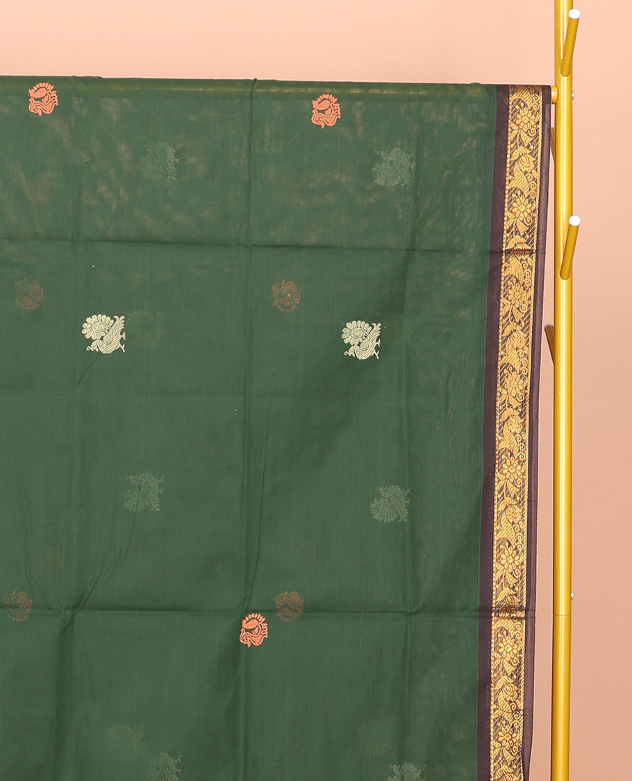 Green Venkatagiri Cotton Saree Features Peacock Buttas, a Contrast Zari Border, Pallu of Peacock Buttas and Stripes, and No Blouse