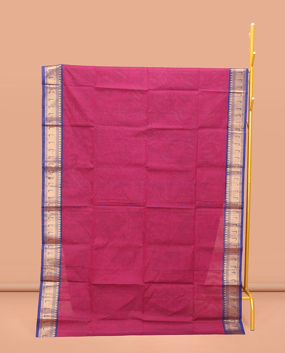 Pink Chettinad Cotton Saree, Steeped with Muniya Buttas On Its Body, Complemented by a Contrast Traditional Muniya Border, Pallu of Stripes, and Paired with a Matching Blouse