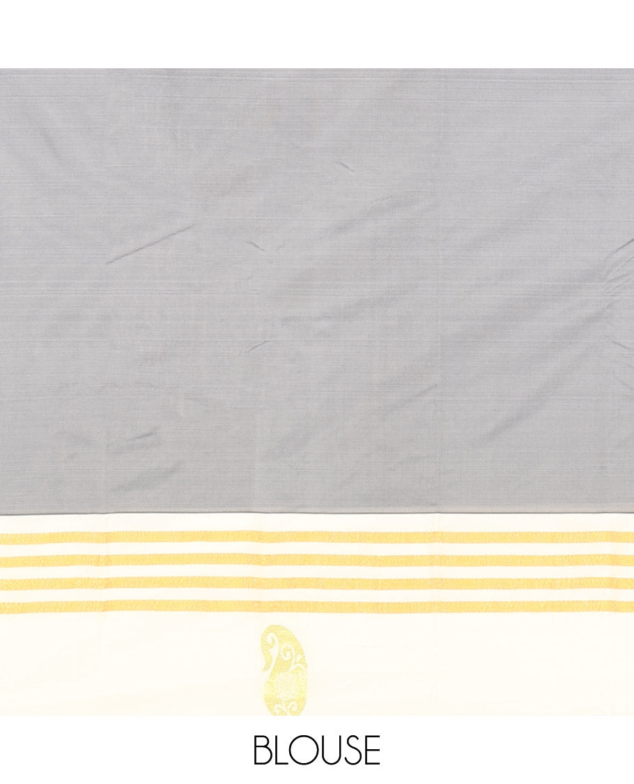 Navy Blue Aarani Gift Saree, Embellished with Buttas on Its Body, Complemented by a Contrast Border of Stripes and Paisley Designs, a Pallu of Stripes and Buttas, and Paired with a Contrast Blouse