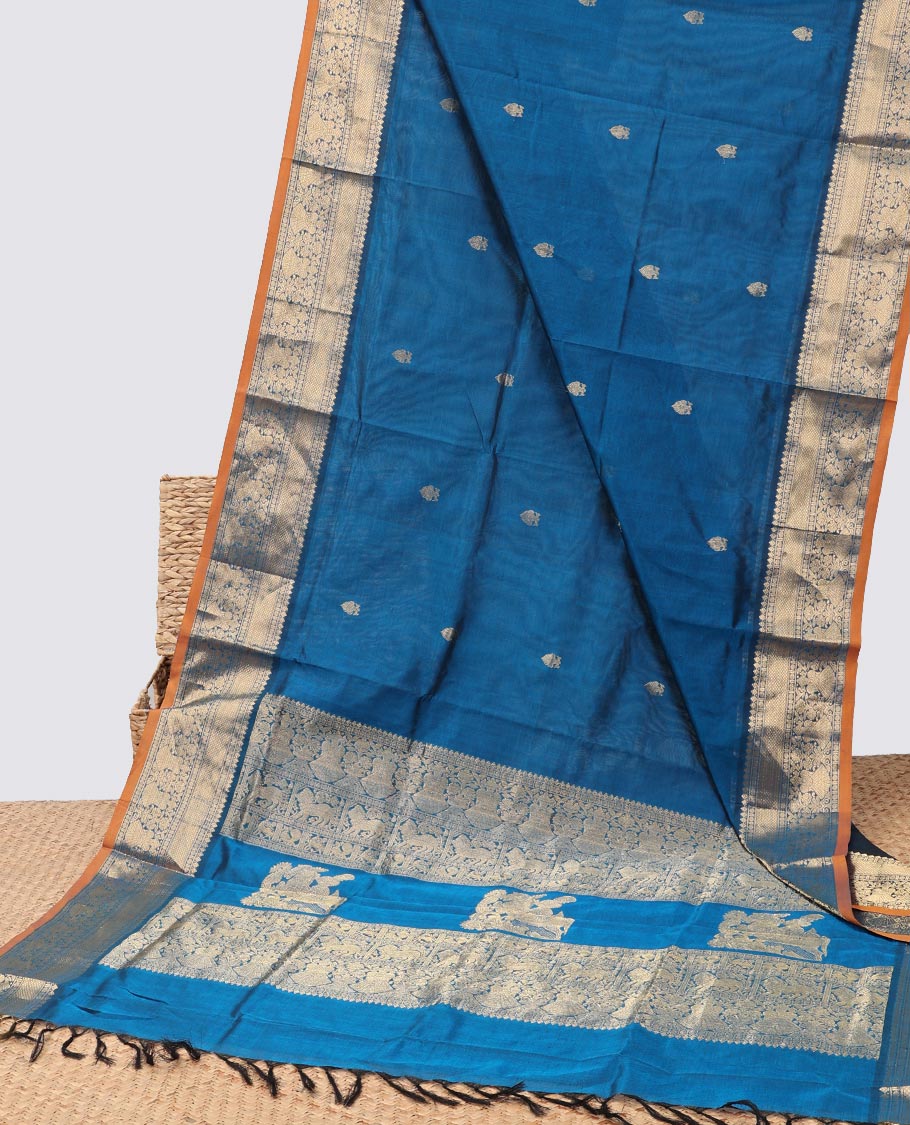 Blue motifs cotton silk saree with contrast zari design border & intricate zari design pallu