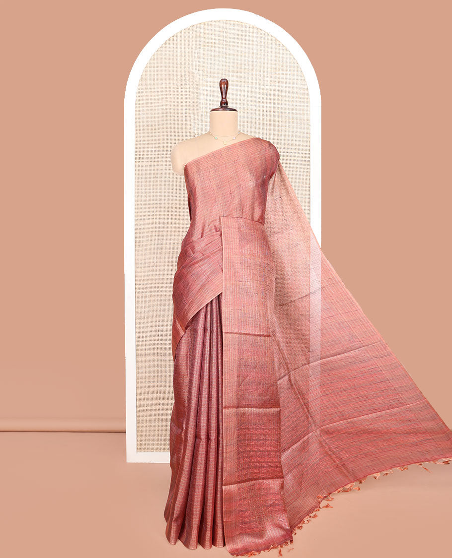 Borderless Dark Peach Tussar Silk Saree, Subtly Sparkled by Checks on Its Body, Subtle Woven Pallu of Stripes, and Paired with a Matching Blouse
