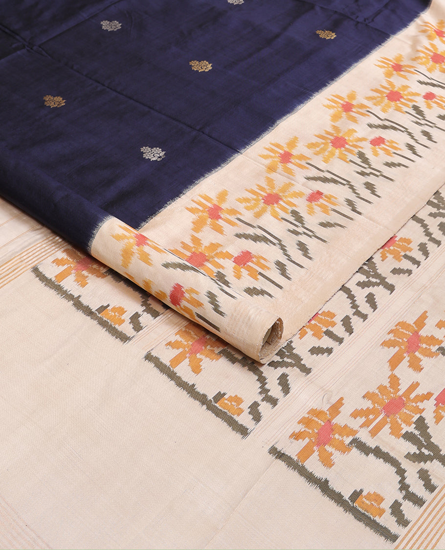 Blue zari buttas pure ikkat saree, contrast border & pallu of floral designs in ikkat-style