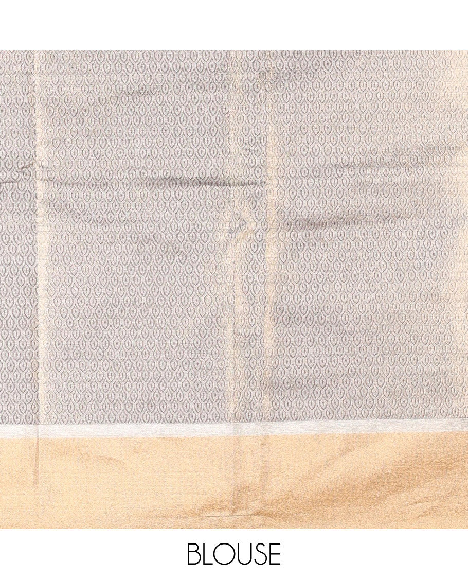 Grey floral jaal jacquard tissue silk saree, contrast bavanji border, floral design pallu, and a scallop design blouse