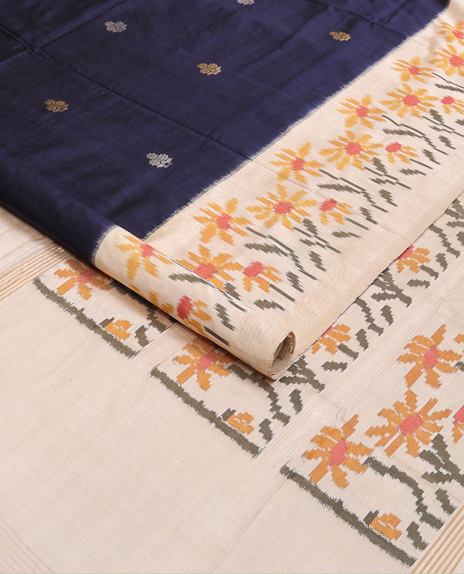 Blue zari buttas pure ikkat saree, contrast border & pallu of floral designs in ikkat-style