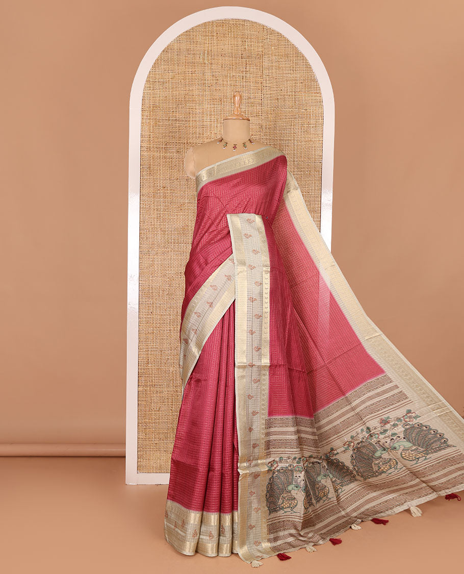 Maroon gold zari checked katan silk saree with contrast traditional zari border of peacock print, peacock printed pallu, and contrast printed blouse