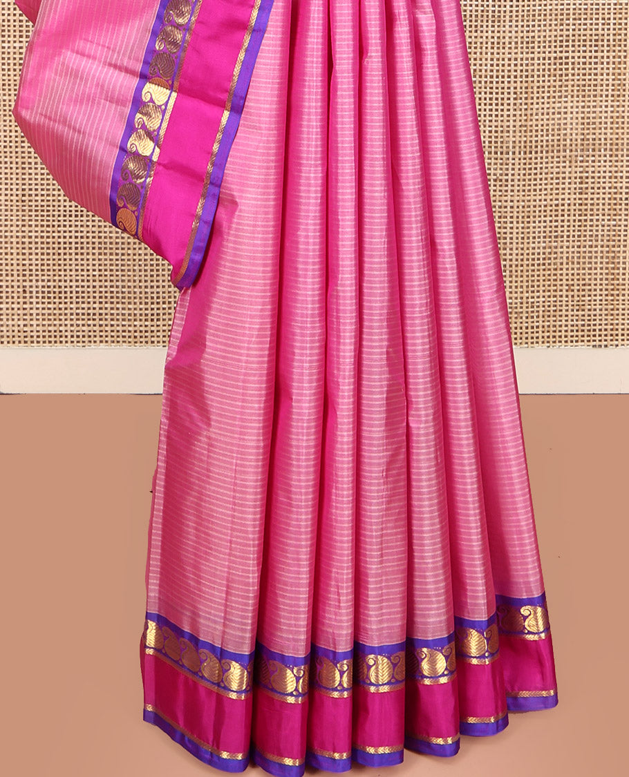 Pink Kanchipuram Silk Saree, Sparsely Woven with Vazhaipoo Stripes and Zari Buttas on Its Body, Complemented by Contrast Rettai Pettu Border of Kathir, and Vanki Manga Designs, Zari-Striped Pallu, and Paired with a Contrast Blouse