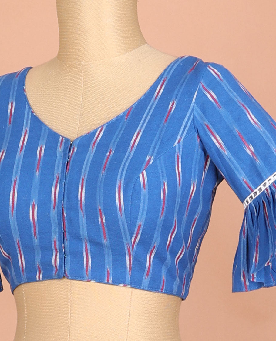 Blue ikkat style cotton readymade blouse with bell sleeve & leaf neck