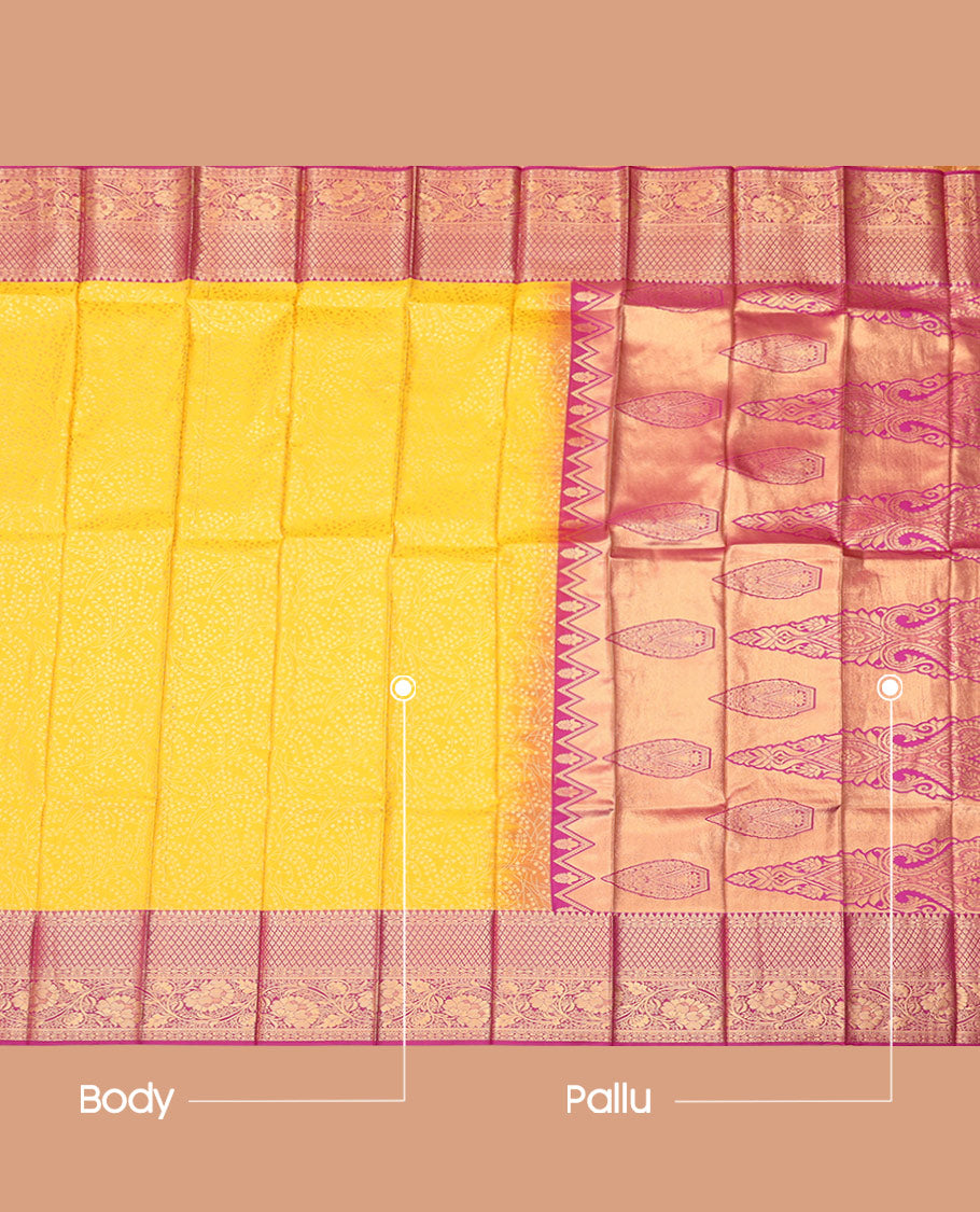 Yellow Budget Silk Saree, Decorated with Jacquard Design, Complemented by Contrast Traditional Zari Border, a Grand Pallu and a Contrast Blouse