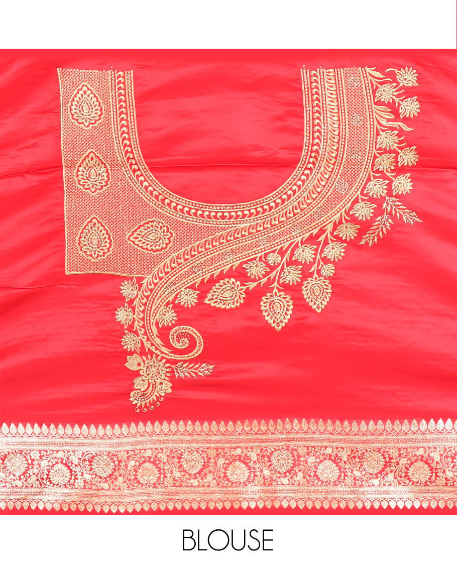 Red floral buttas and stone work banarasi silk saree, floral creeper design woven stone work border, and pallu of intricate designs