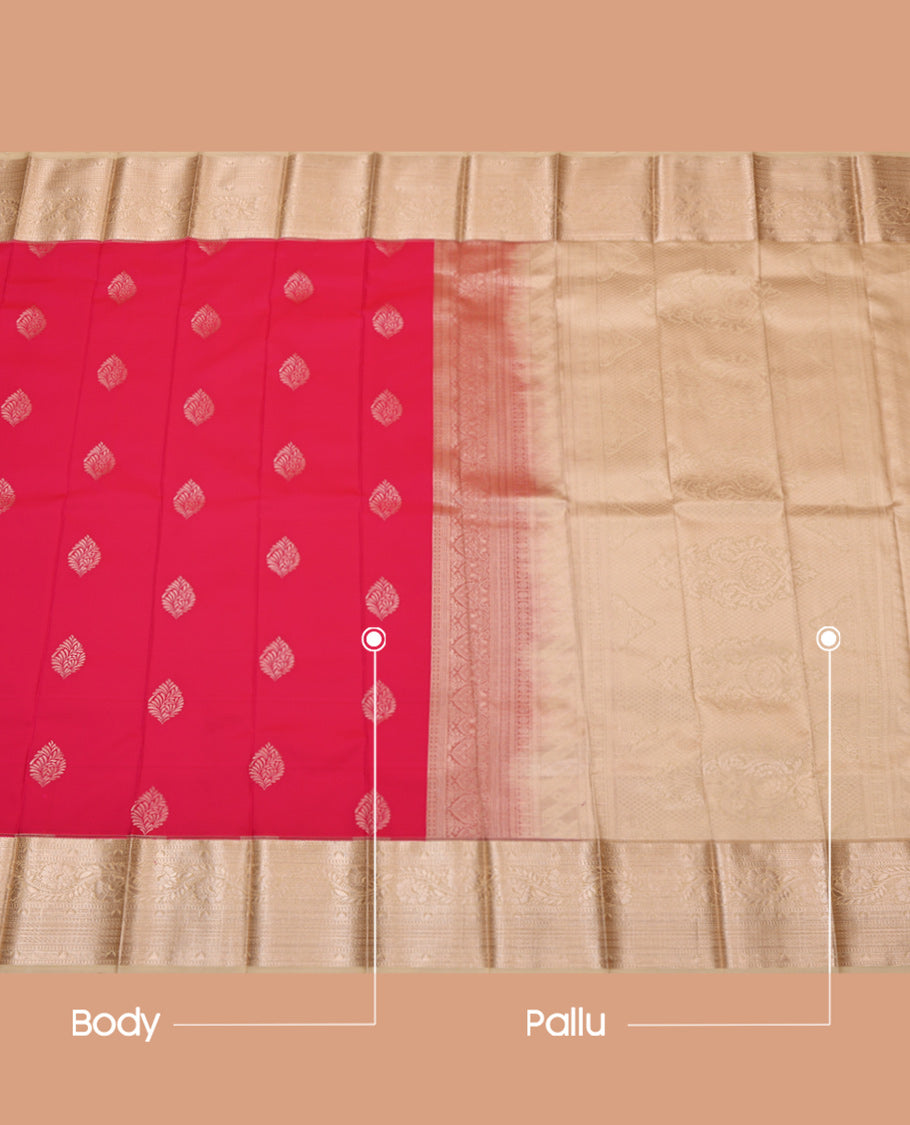 Pink Budget Silk Saree, Woven with Zari Buttas, Complemented by a Contrast Traditional Zari Border, Grand Pallu, and Contrast Blouse