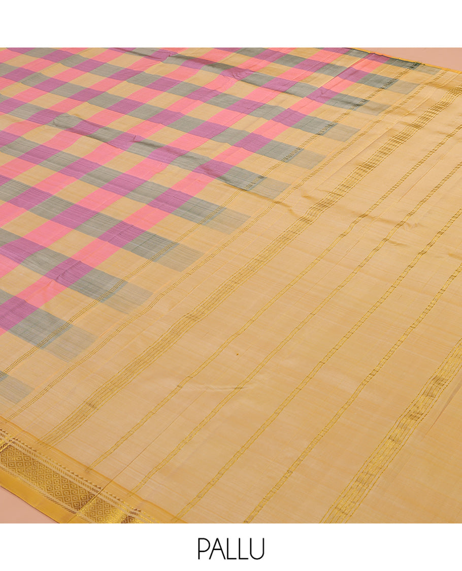 Multi-Color Checked Kanchipuram Silk Saree, a Zari One-sided Border of Rekku, Banaras, and Mayil Kann Designs, Zari Striped Pallu, and No Blouse