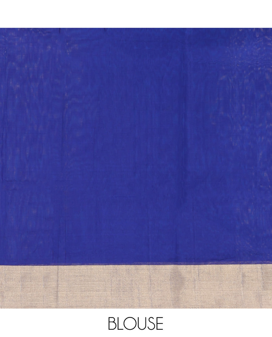 Blue Chanderi Cotton Saree, Subtly Sparkled with Buttas All Over Its Body, Subtly Woven Bavanji Border, Complemented by a Contrast Pallu Steeped with Floral Designs, and Paired with a Contrast Blouse