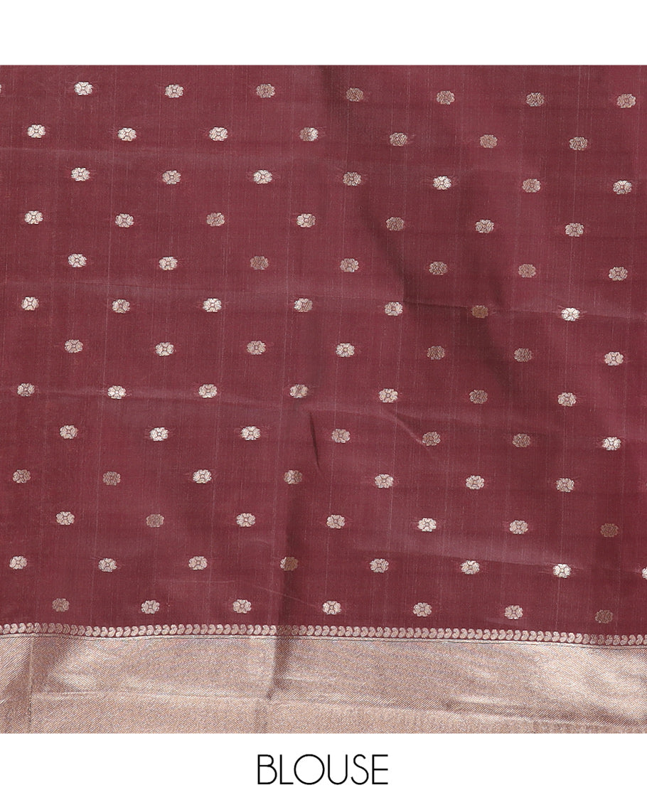 Off-White-Brown Semi-Silk Saree, Adorned with Floral Jacquard Design, a Zari Paisley Border, and a Contrast Blouse