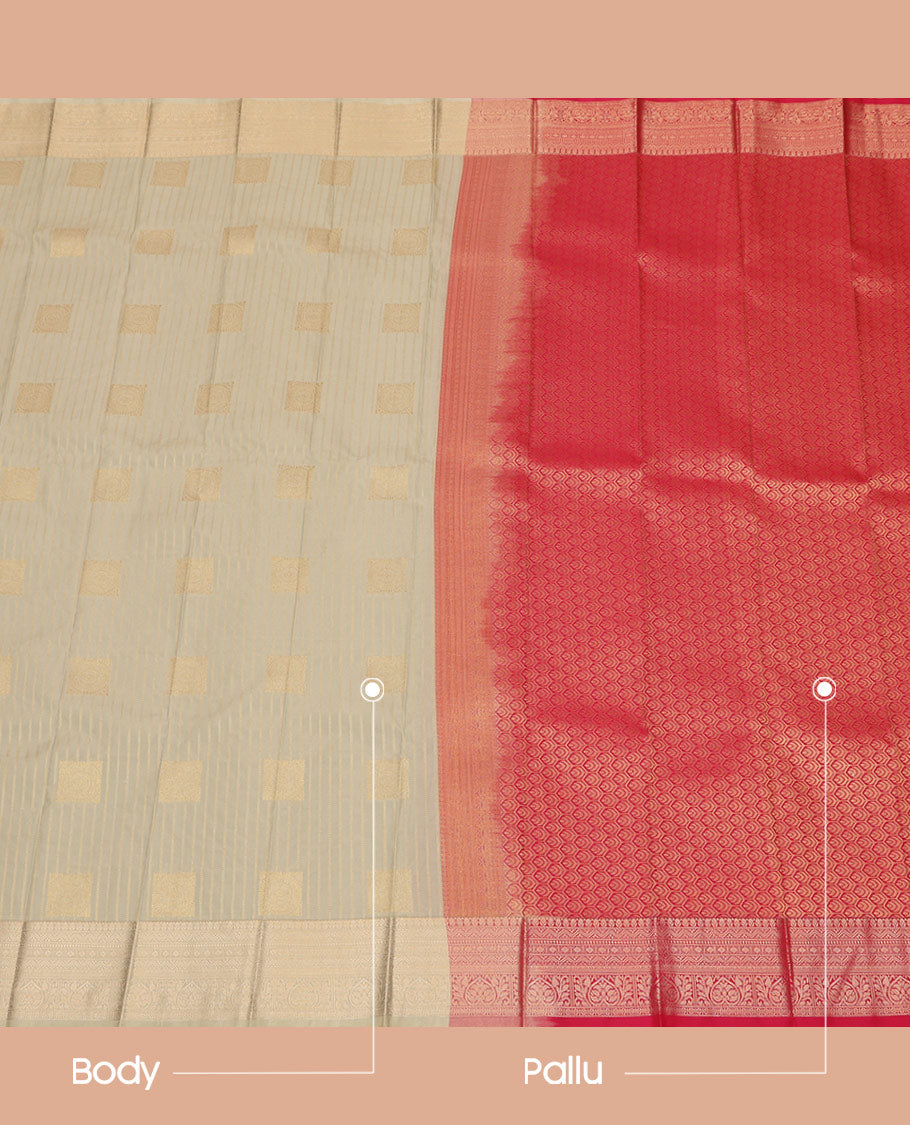 Pale Green Budget Silk Saree, Subtly Adorned with Zari Buttas and Stripes All Over Its Body, Highlighted by Traditional Zari Border, Contrast Grand Jaal Pallu and Paired with a Contrast Blouse