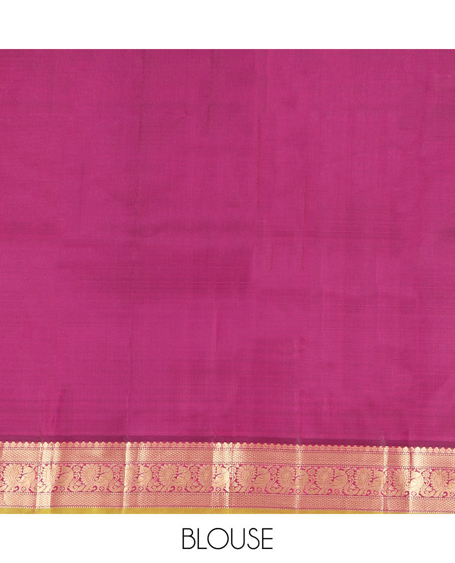 Orange Kanchipuram Silk Saree, Mesmerized with Zari Buttas on Its Body, Complemented by a Contrast Border of Muthu, Mayil Kann, and Mayil Designs, Grand Jaal Pallu, and Paired with a Contrast Blouse