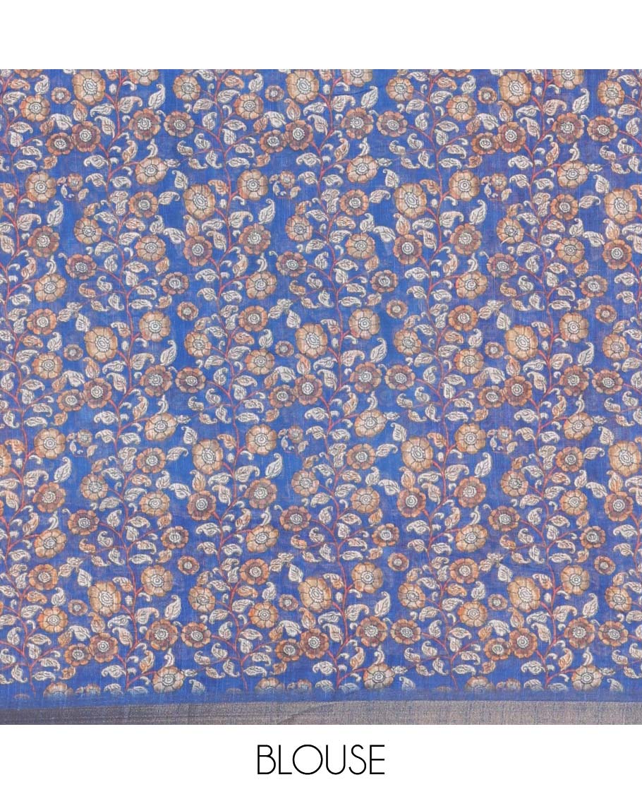 Pink argyle shibori printed linen cotton saree, contrast border, kalamkari floral vine printed pallu, and a contrast kalamkari printed blouse