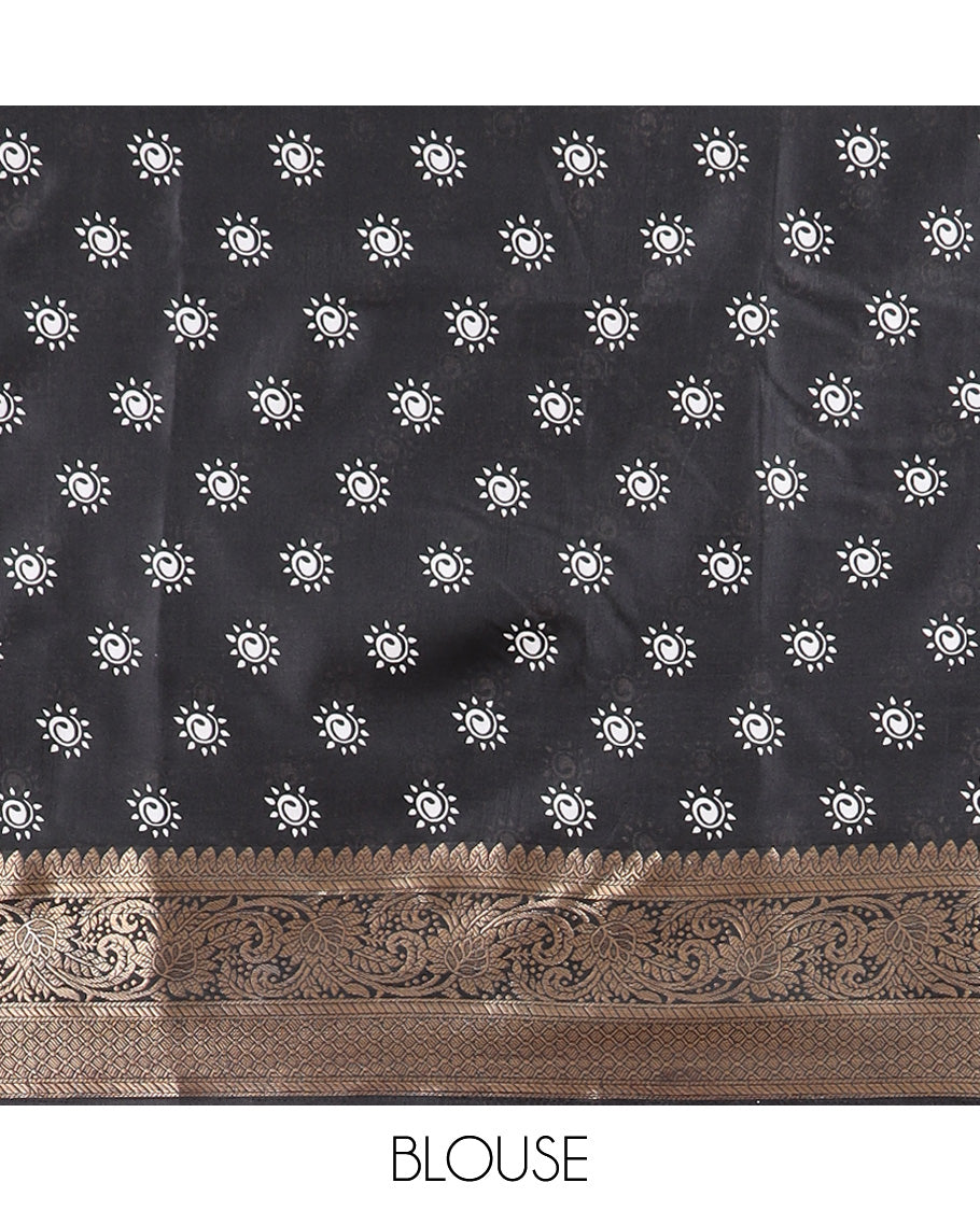 White and black all over madhubani printed dola silk saree with contrat gold zari jacquard design & printed pallu along with small buuta blouse