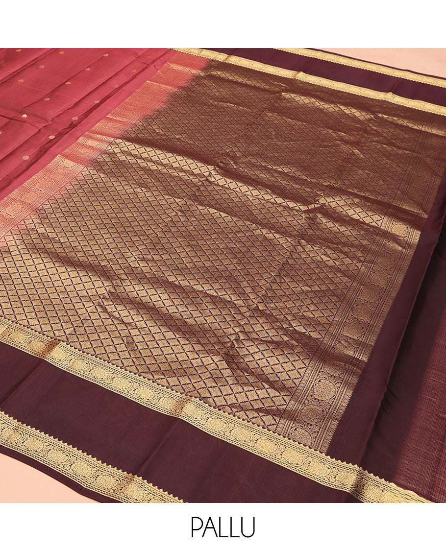 Red Vasundhara Lite Silk Mix Saree, Embellished with Zari Buttas on Its Body, Complemented by a Contrast Rettai Pettu Border of Kodi Visiry Designs, Boldly Accentuated Pallu of Jaal Designs, and Paired with a Contrast Blouse