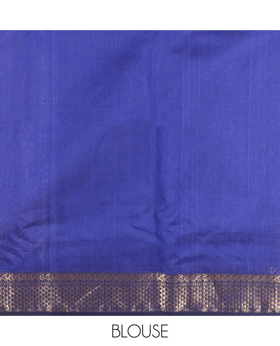 Blue geometric motifs maheshwari cotton saree with contrast zari design border & striped, geometric design pallu