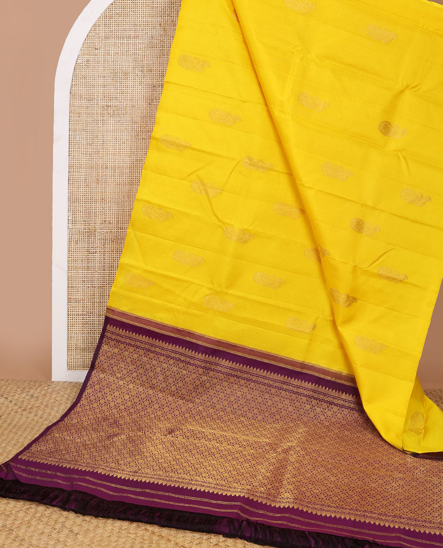 Borderless yellow animal design kancheepuram silk saree with floral jaal design pallu