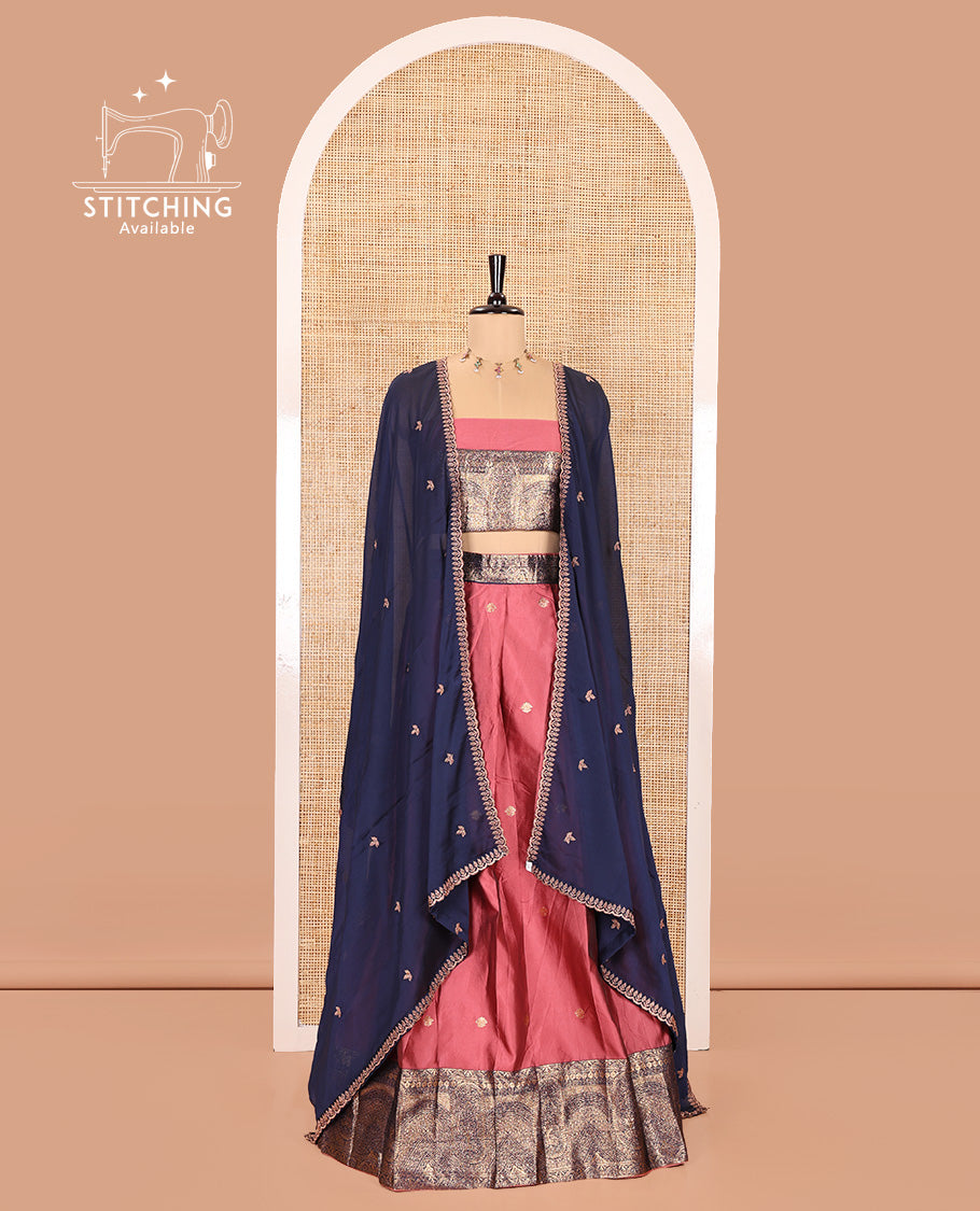 Pink and Blue Semi-Banarasi Half-Saree, Delicately Decked up with Zari Buttas on Its Skirt, Complemented by a Contrast Geometric Patterns Zari Woven Border, Paired with a Matching Blouse, and a Contrast Satin Georgette Embroidered Scallop Dhavani