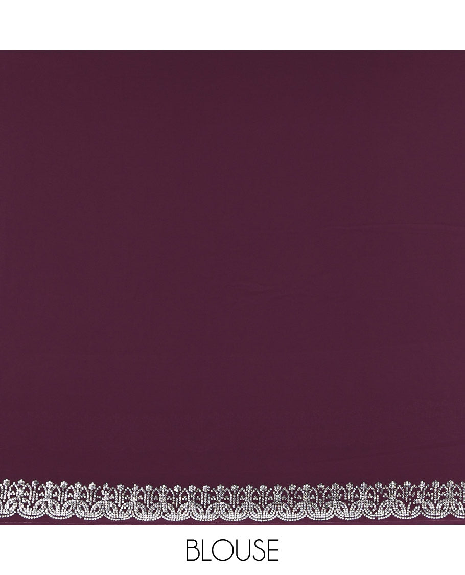 Purple Designer Saree, Beautifully Bedecked with Stone Work, Scallop Lace Border, a Self-Pallu, and a Matching Blouse