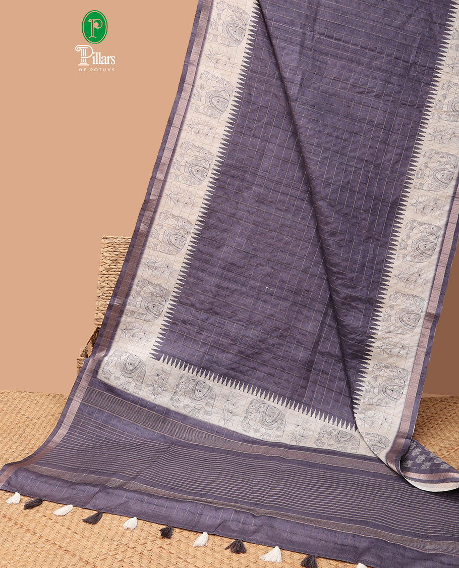 Violet all-over copper zari checks design semi tussar saree with floral, elepgant design, copper zari jacqaurd border & linnnin chip pallu along with self ajrackprinted checks blouse