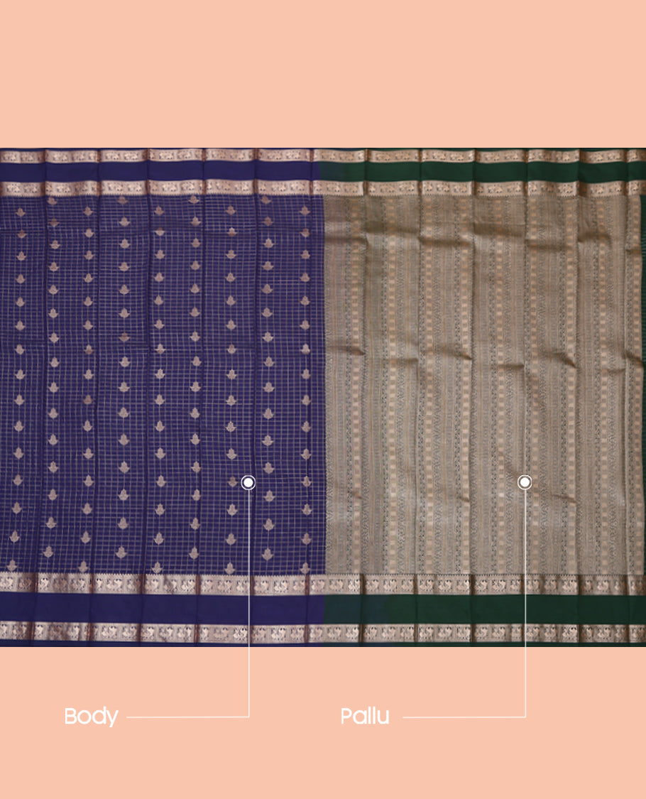 Navy Budget Silk Saree, Detailed with Zari Buttas and Checks, Highlighted by Traditional Zari Rettai Pettu Border, Contrast Grand Pallu, and a Contrast Blouse