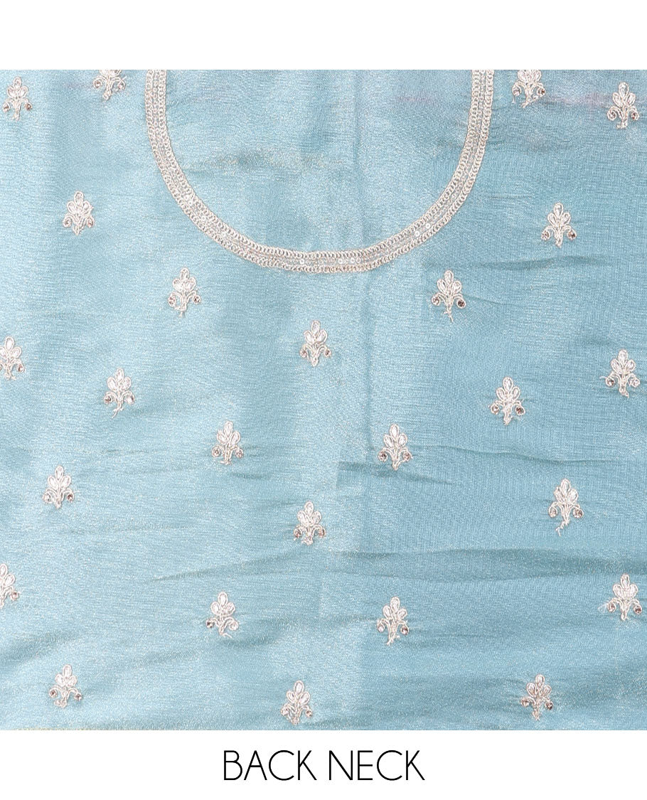 Blue Designer Saree, Gleamed with Stone Work Across Its Body, Complemented by a Contrast Scallop Patch-Embroidered Border, a Self Pallu, and Paired with Matching Blouse Featuring Embroidery and Bandhani Dots