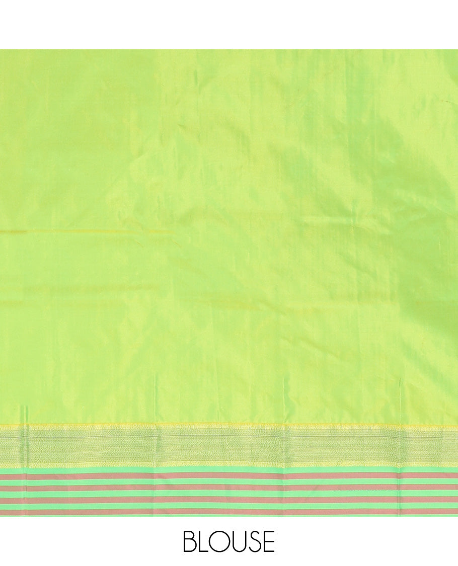 Orange Aarani Silk Saree, Enthralled with Zari Stripes All Over Its Body, Complemented by a Contrast Striped Border, Pallu of Stripes, and Paired with a Contrast Blouse